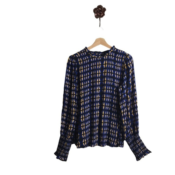 Rachel Zoe Small‎ Rayon Viscose Geometric Blouson Sleeve Smocked Cuff Top Office - Picture 1 of 10